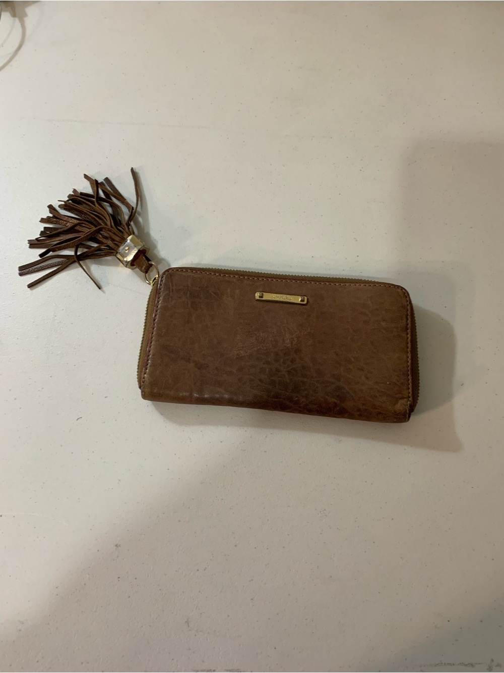 Stella & Dot Brown Leather Zip Wallet with Tassel Accent